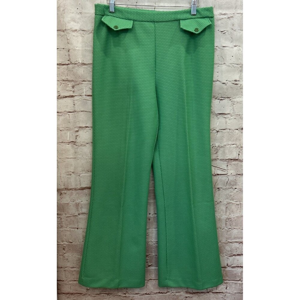Vintage Alex Colman Pull On Flare Pants Polyester Green Mini Dot 31 x 30